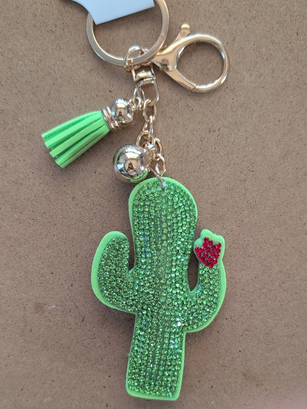 Green Cactus Rhinestone Keychain with Tassel